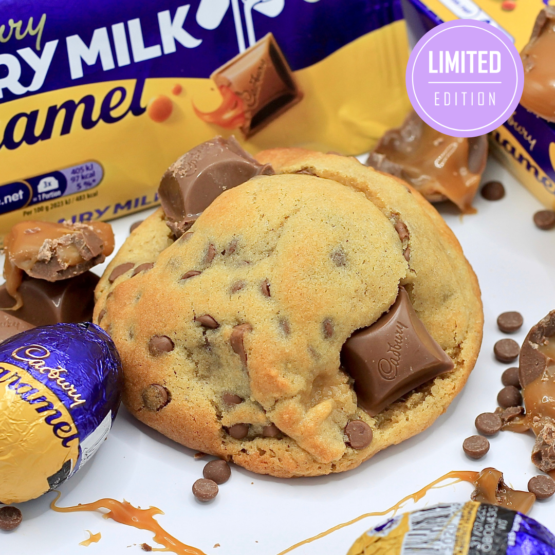 NYC-style Easter cookies UK – Dolly’s Dough Caramegg oozing with melted Cadbury Caramel Egg & Belgian chocolate. Don’t miss out, order now for UK-wide delivery!"