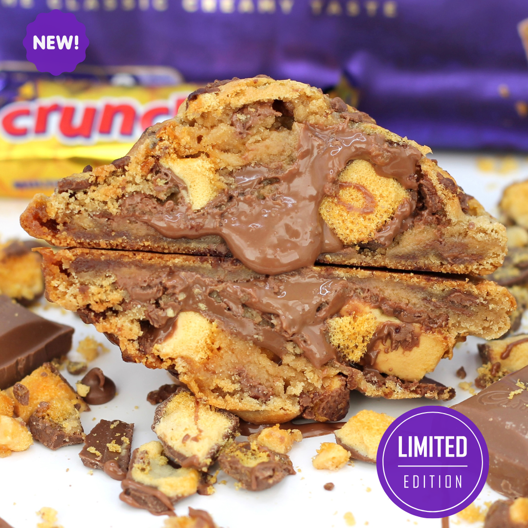 Gooey half of Dolly’s Dough NYC-style cookie, stuffed with Crunchie and Cadbury chocolate. UK wide cookie delivery available.