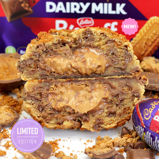 Dolly’s Dough Biscoff Eggstreme stuffed NYC cookie cross section with a whole Cadbury Biscoff egg centre, gourmet cookie UK.