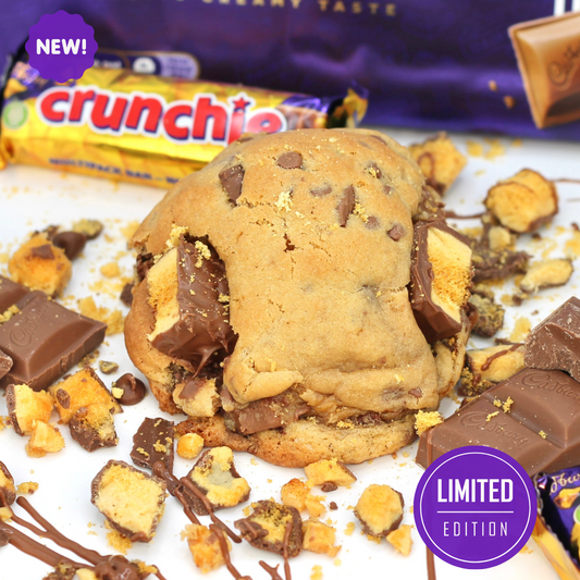 NYC-style cookie from Dolly’s Dough, packed with Crunchie and Cadbury chocolate – fresh baked and delivered UK wide.