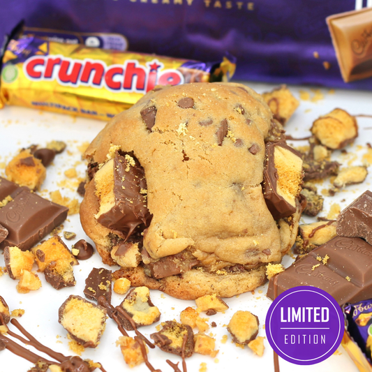 NYC-style cookie from Dolly’s Dough, packed with Crunchie and Cadbury chocolate – fresh baked and delivered UK wide.