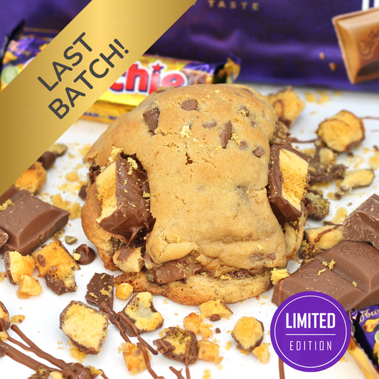 NYC-style cookie from Dolly’s Dough, packed with Crunchie and Cadbury chocolate – fresh baked and delivered UK wide.