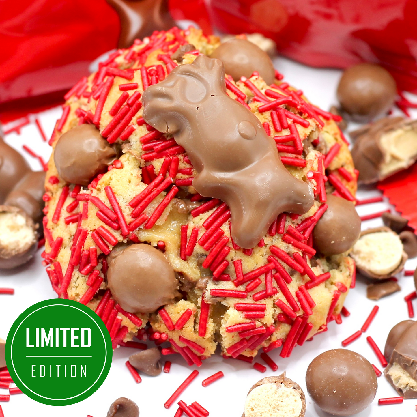 Run Run Rudolph – Delicious New York style Christmas cookie with Belgian chocolate chips and a Malteser Reindeer on top. Perfect festive treat for gifting or postal cookies.