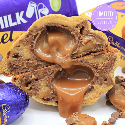 Best Easter cookies UK – Dolly’s Dough Caramegg! NYC-style, stuffed with Cadbury Caramel Egg & Belgian chocolate. Limited edition, order yours now with UK-wide delivery.