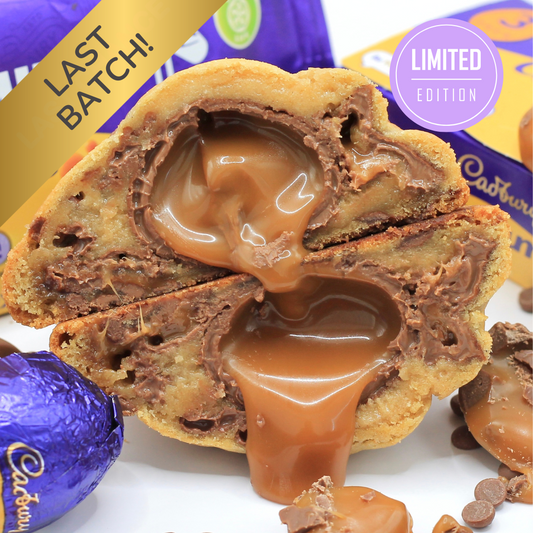 Best Easter cookies UK – Dolly’s Dough Caramegg! NYC-style, stuffed with Cadbury Caramel Egg & Belgian chocolate. Limited edition, order yours now with UK-wide delivery.