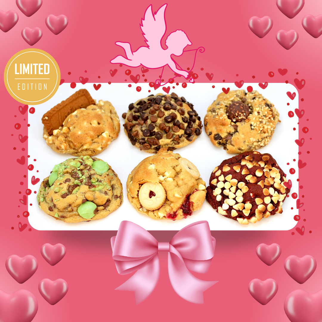 Valentine's Day gift box of luxury handmade cookies, perfect for romantic gifts, anniversaries, or treating loved ones. Includes gourmet chocolate cookies with gooey centres and Belgian white chocolate, crafted fresh in the UK. An ideal Valentine's dessert, gift for him or her, or indulgent treat for cookie lovers this February 14th."