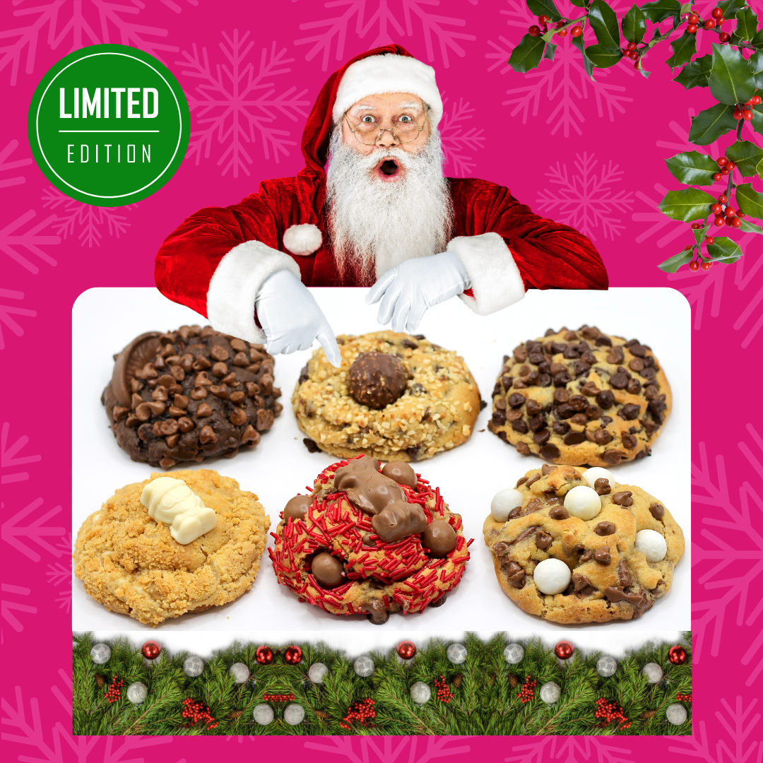 Santa’s Christmas Cookie Mix – A festive selection of six New York style Christmas cookies, including indulgent flavors like Santa’s Milk n Cookies, Snow is Ballin’, and Run Run Rudolph. The perfect Christmas gift or holiday treat, delivered as postal cookies across the UK.