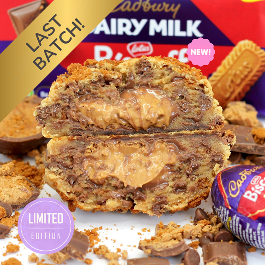 Dolly’s Dough Biscoff Eggstreme stuffed NYC cookie cross section with a whole Cadbury Biscoff egg centre, gourmet cookie UK.