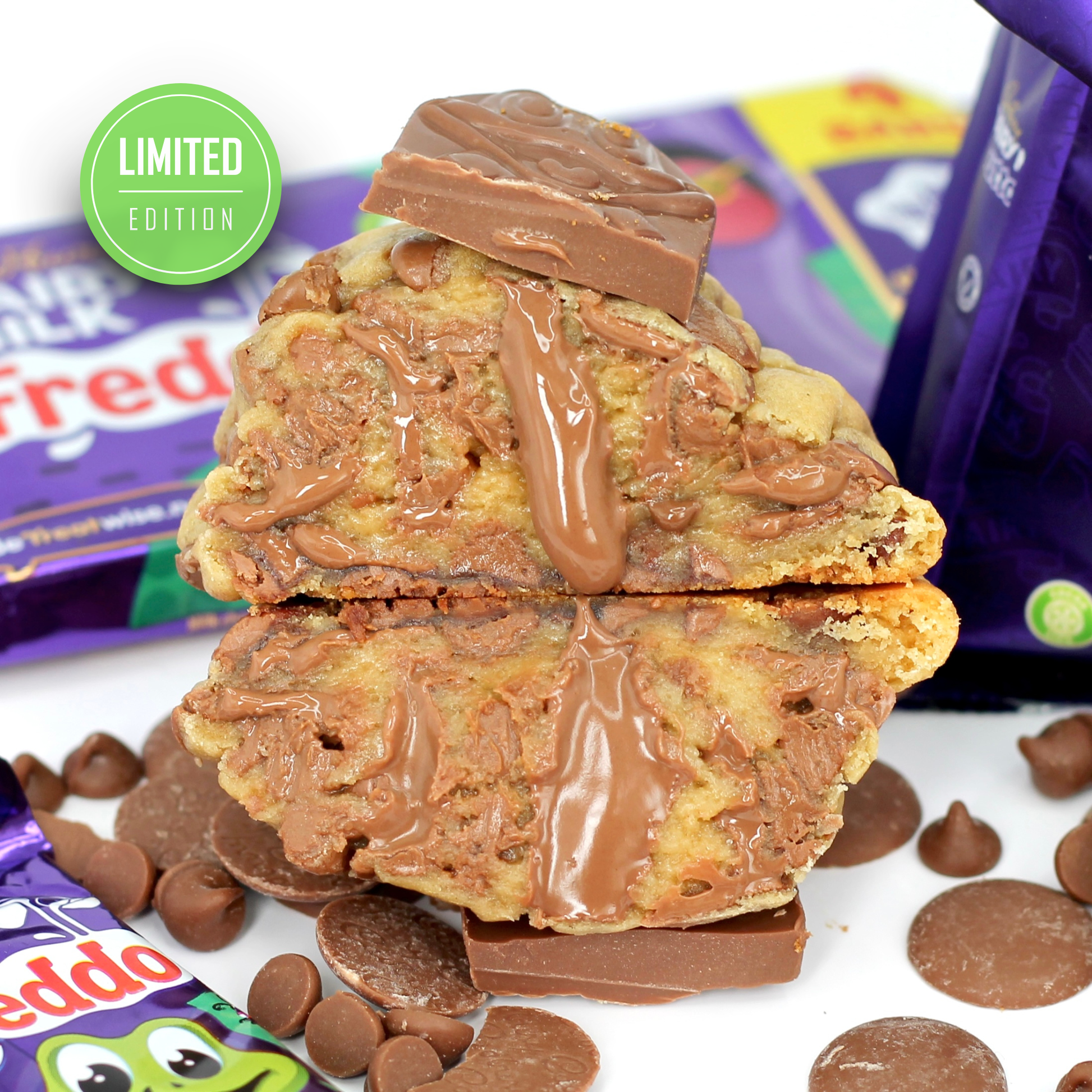 Cadbury Freddo New York style cookie topped with Freddo chocolate
