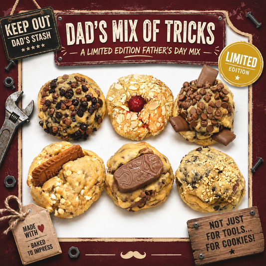 Dad’s Mix of Tricks Father’s Day NYC cookie mix by Dolly’s Dough featuring six thick handmade New York style cookies perfect for Father’s Day gifts in the UK.