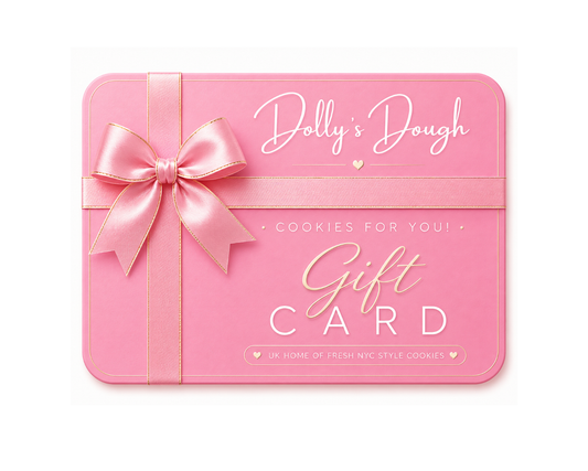 Dolly’s Dough gift card for freshly baked New York style cookies. Perfect cookie gift for Christmas, Valentine’s Day, Easter, birthdays and special occasions. Postal cookies UK
